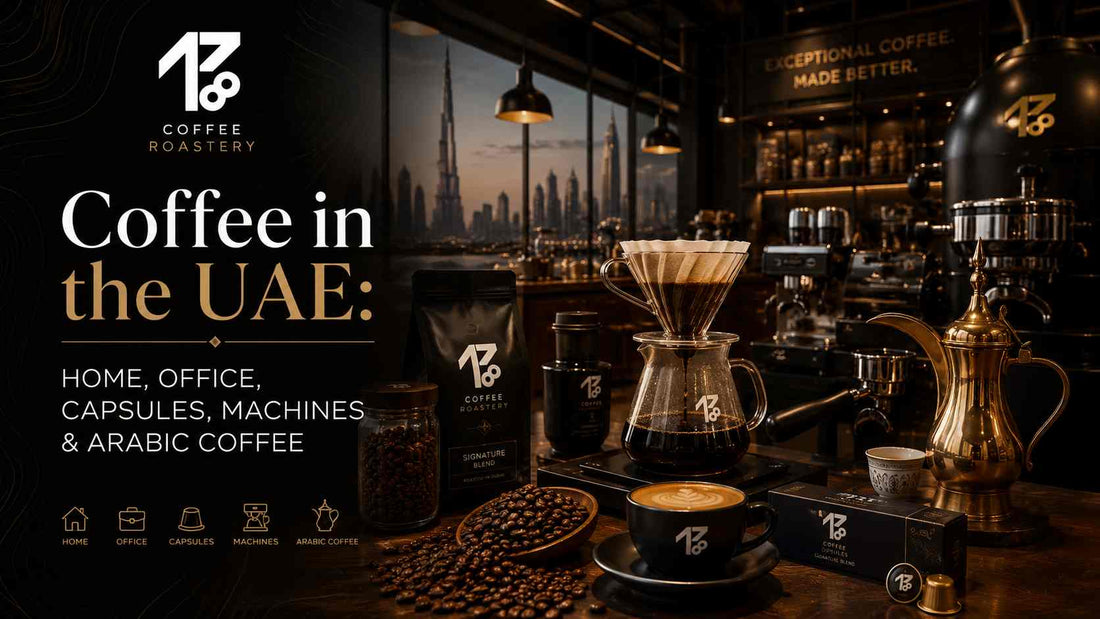 1718 specialty coffee roastery in Dubai with coffee beans, pour-over brewing and espresso equipment